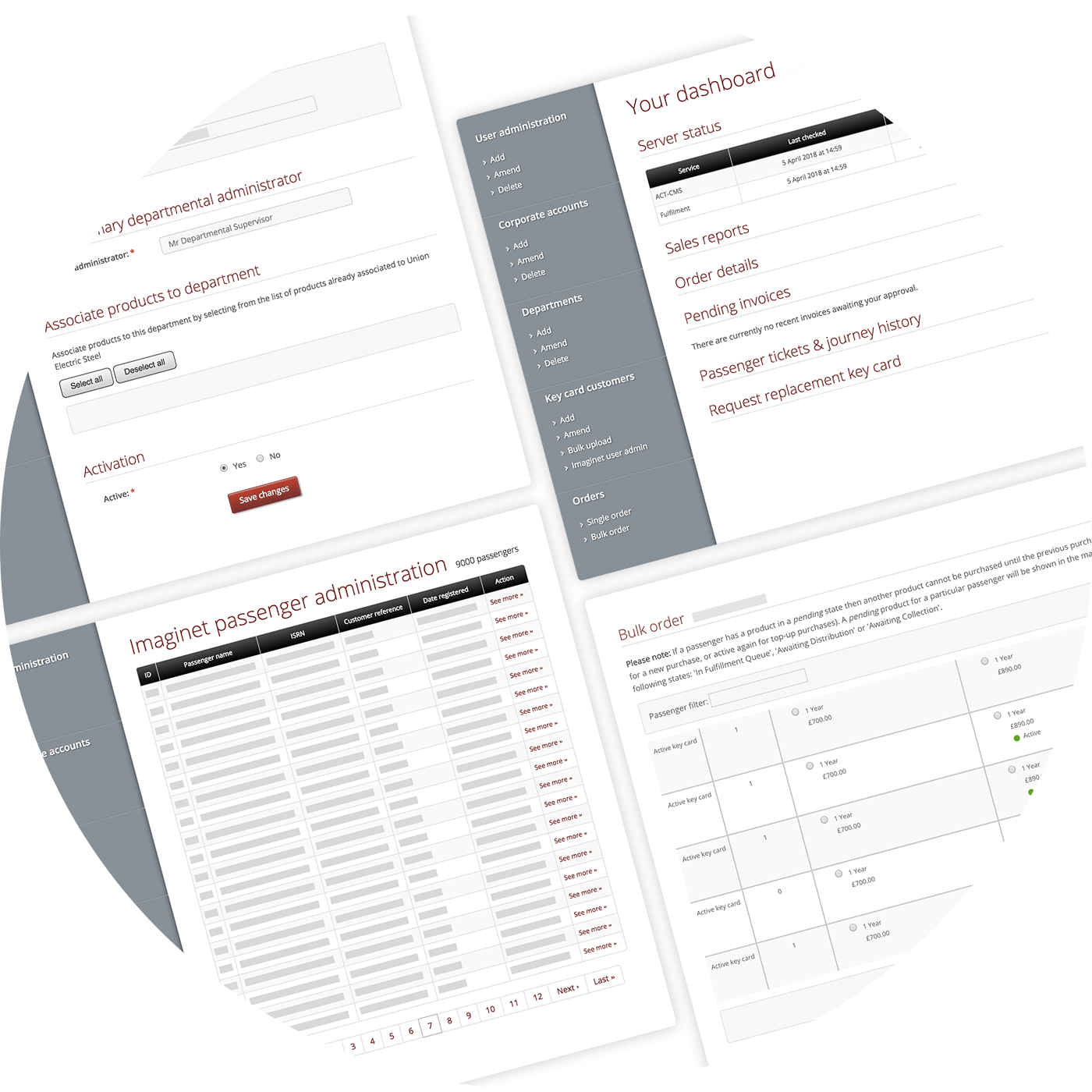 Screenshots from the admin system of enterprise smart portals, showing department administration, dashboard, passenger administration and bulk ordering features.